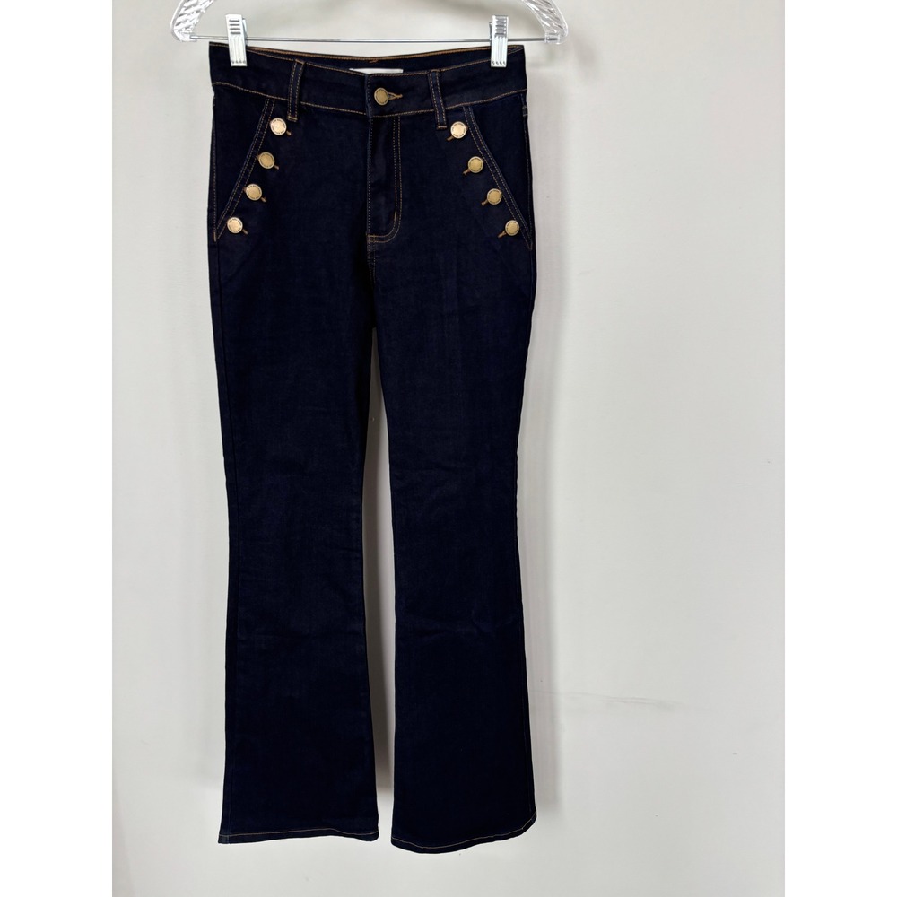 The Noli Shop Dark Wash Sailor Flare Jeans Gold Button High Rise Size 26 Indigo